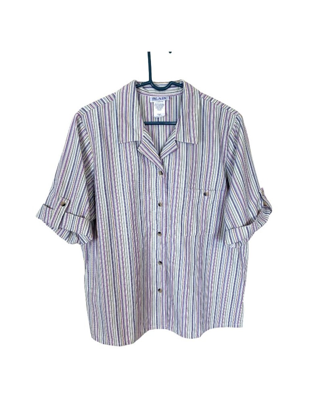 Vtg Blair Womens Shirt Striped Button Down Large Purple Yellow Cotton Blend